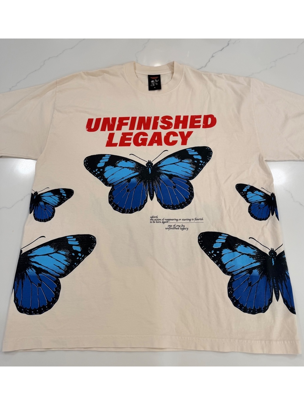 Unfinished Legacy Heavyweight Premium T-Shirt Cream Blue Butterflies Size XL